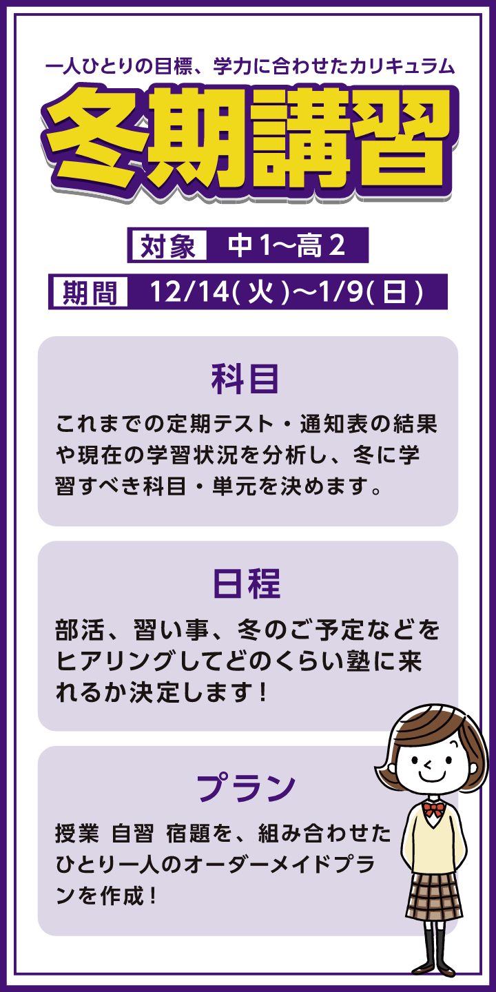 一人ひとりの目標、学力に合わせたカリキュラム冬期講習対象　中1~高2期間　12/14(火)~1/9(日)科目これまでの定期テスト・通知表の結果や現在の学習状況を分析し、冬に学習すべき科目・単元を決めます。日程部活、習い事、冬のご予定などをヒアリングしてどのくらい塾に来れるか決定します!プラン授業 自習 宿題を、組み合わせたひとり一人のオーダーメイドプランを作成!