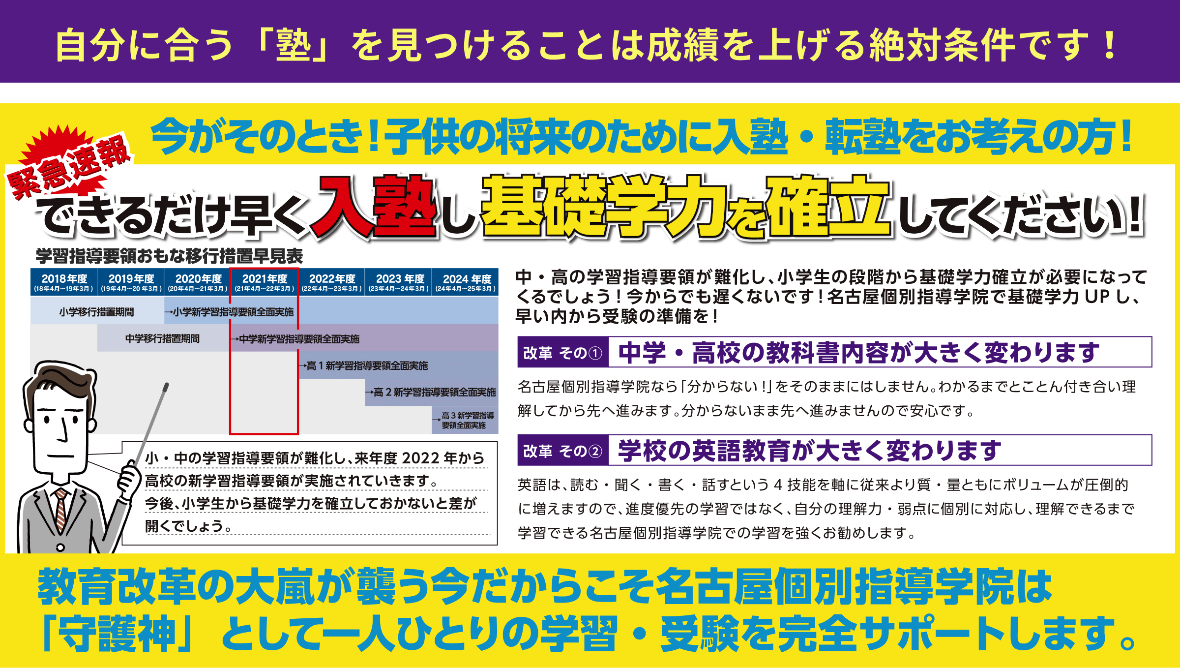 自分に合う「塾」を見つけることは成績を上げる絶対条件です！今がそのとき！子供の将来のために入塾・転塾をお考えの方！緊急速報できるだけ早く入塾し基礎学力を確立してください！中・高の学習指導要領が難化し、小学生の段階から基礎学力確立が必要になってくるでしょう！今からでも遅くないです！名古屋個別指導学院で基礎学力UPし、早い内から受験の準備を！改革　その①　中学・高校の教科書内容が大きく変わります名古屋個別指導学院なら「分からない！」をそのままにはしません。わかるまでとことん付き合い理解してから先へ進みます。分からないまま先へ進みませんので安心です。改革　その②　学校の英語教育が大きく変わります英語は、読む・聞く・書く・話すという４技能を軸に従来より質・量ともにボリュームが圧倒的に増えますので、進度優先の学習ではなく、自分の理解力・弱点に個別に対応し、理解できるまで学習できる名古屋個別指導学院での学習を強くお勧めします。教育改革の大嵐が襲う今だからこそ名古屋個別指導学院は「守護神」として一人ひとりの学習・受験を完全サポートします。