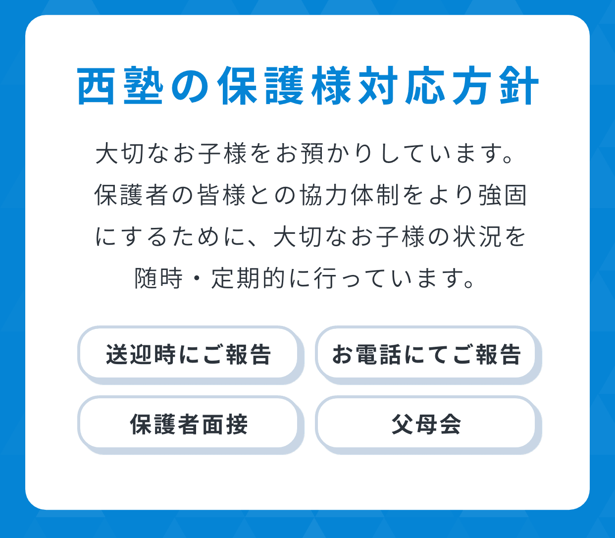 西塾の保護様対応方針。大切なお子様をお預かりしています。保護者の皆様との協力体制をより強固にするために、大切なお子様の状況を随時・定期的に行っています。